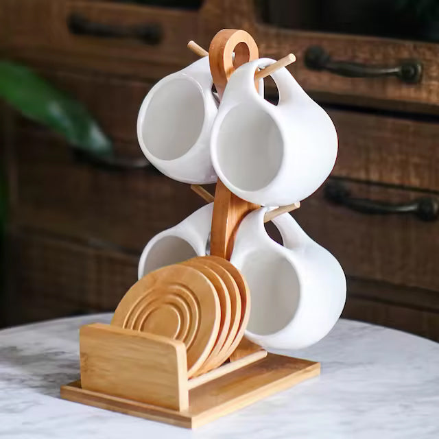 New White Ceramic Coffee Tea Cup Set of 6 with Mug Rack and Saucer for Home Office Coffee Cup Tea Set