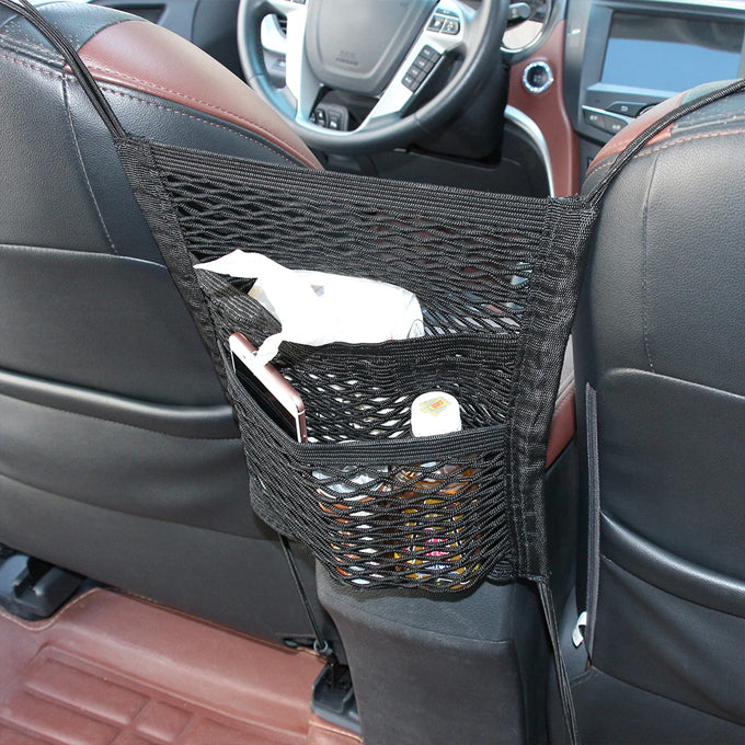 Super stretch 3 slot net organizer for in between car front seats