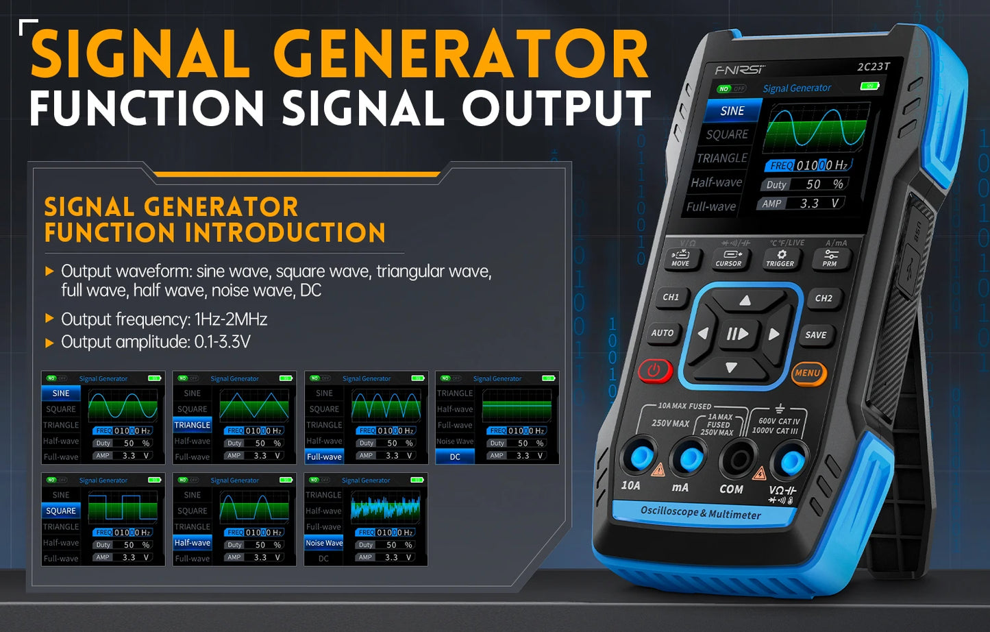 FNIRSI 2C23T Digital Oscilloscope Multimeter+ DDS Signal Generator 3-in-1 10MHz*2 50M Sample rate ACDC Voltage Diode 2MHz Output