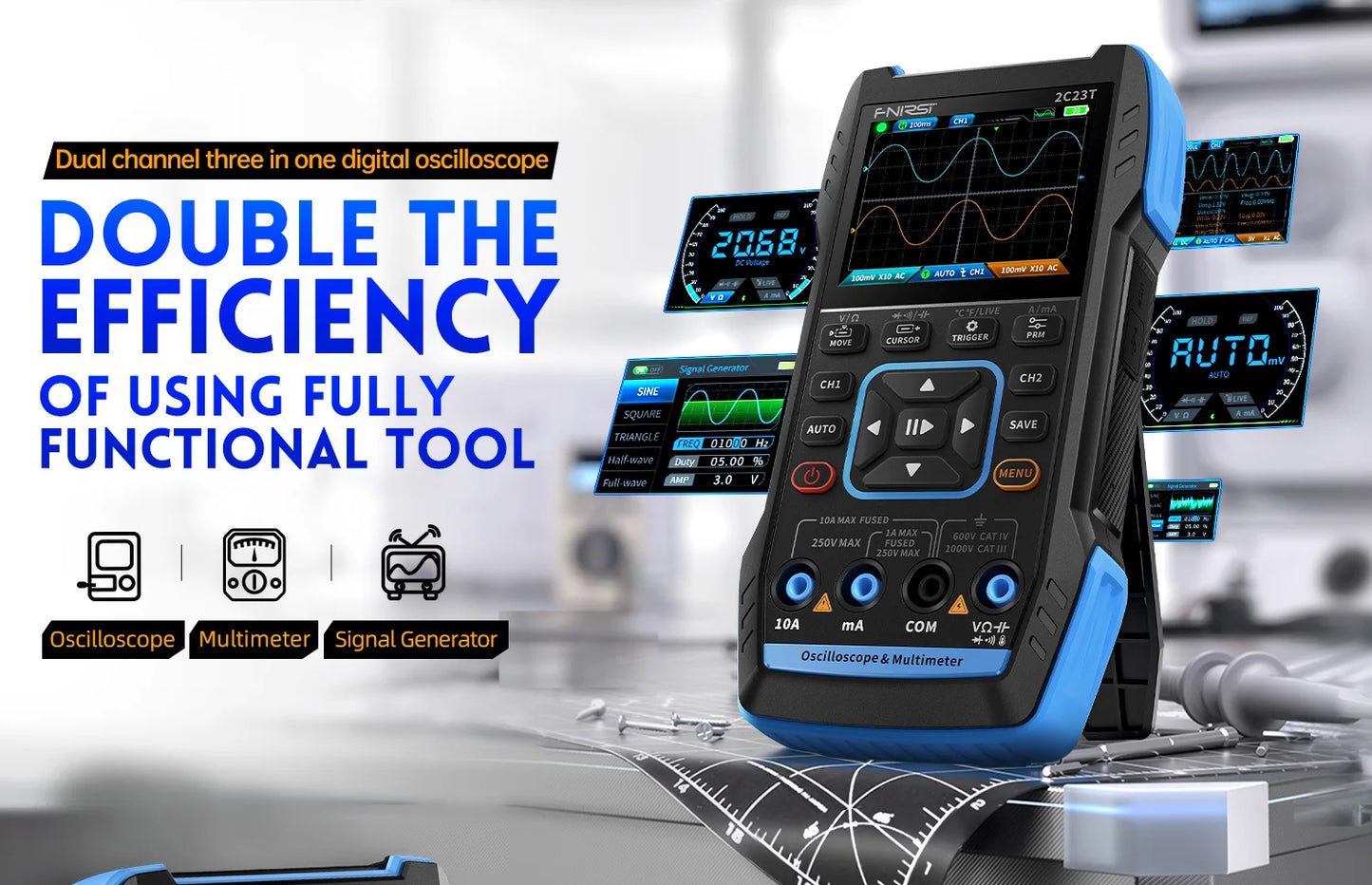 FNIRSI 2C23T Handheld Digital Oscilloscope Multimeter + Function Signal Generator 2023 Latest 3IN1 Dual Channel 10MHZ*2 50MS/s
