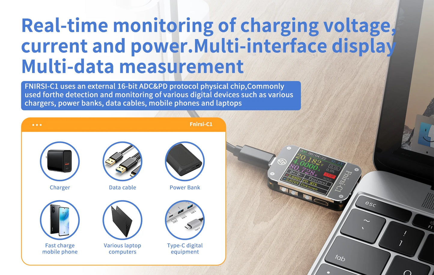 FNIRSI-C1 Type-C PD Trigger USB-C Voltmeter Ammeter Fast Charging Protocol Test Type-C Meter Power Bank tester With PC Software