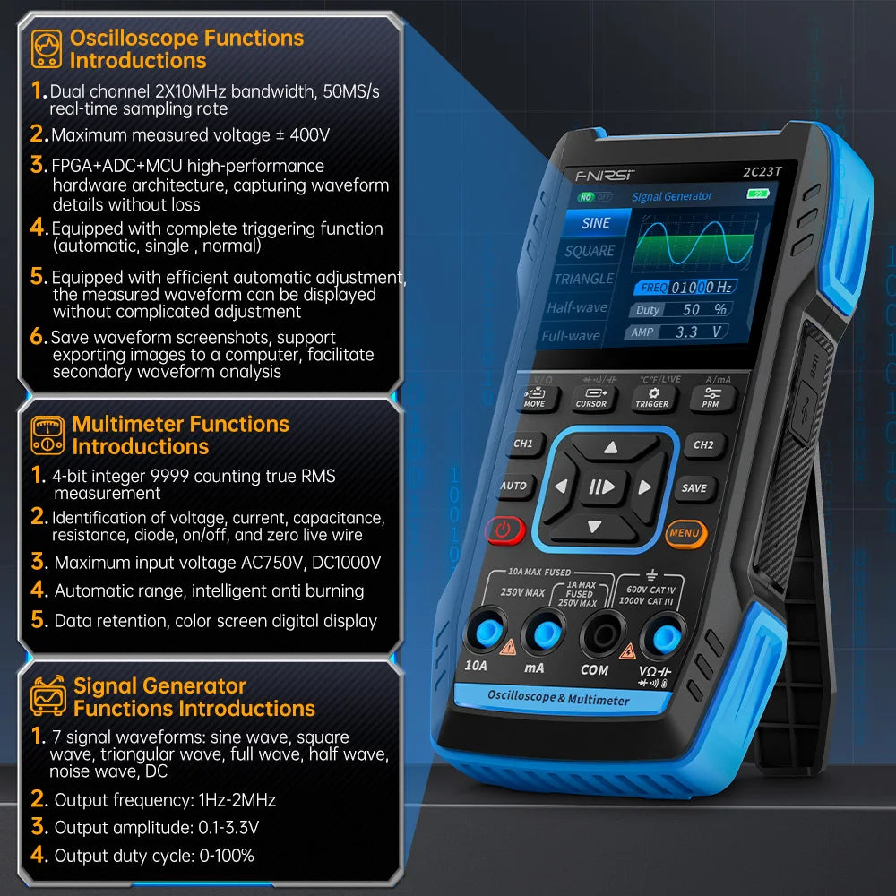 FNIRSI 2C23T Handheld Digital Oscilloscope Multimeter + Function Signal Generator 2023 Latest 3IN1 Dual Channel 10MHZ*2 50MS/s