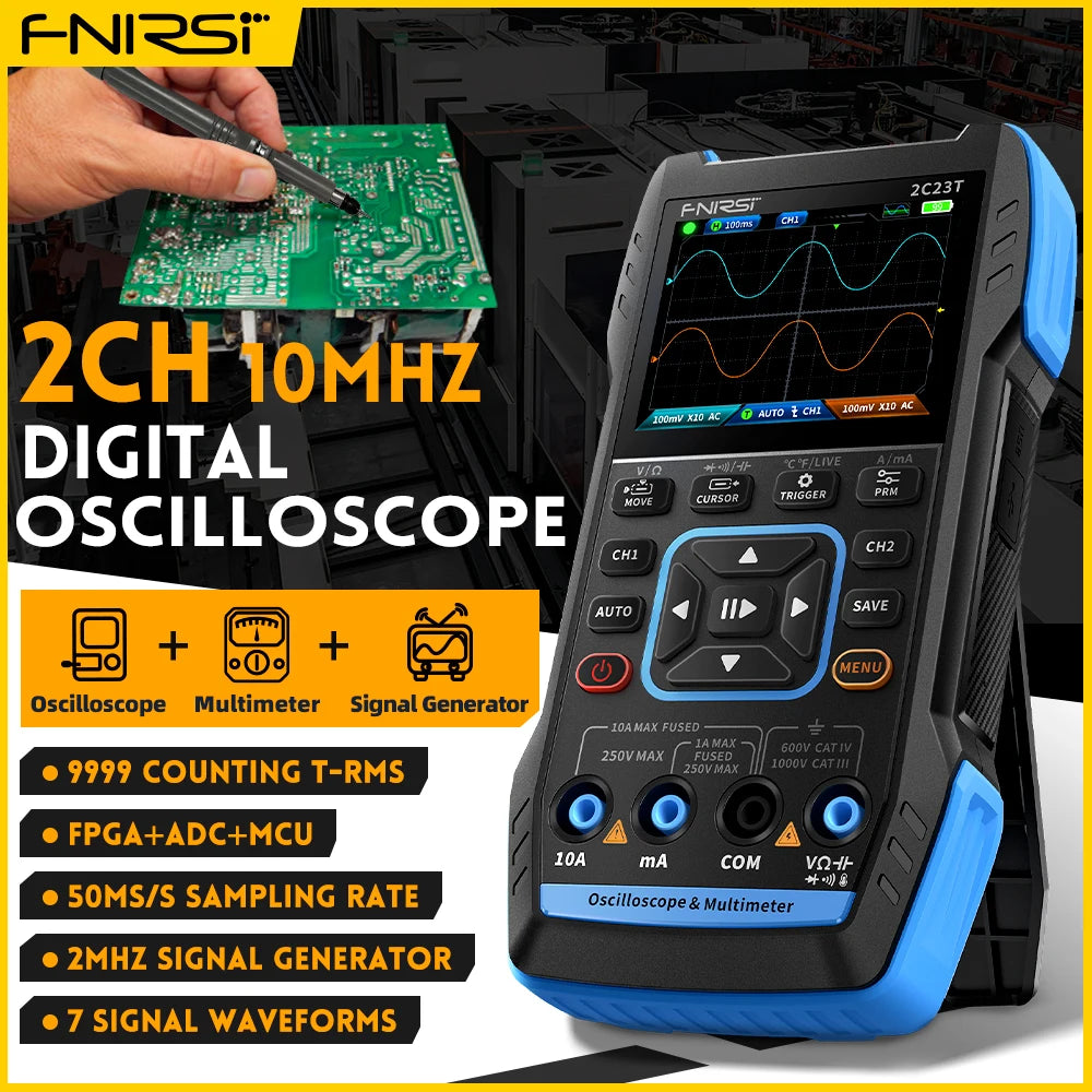 FNIRSI 2C23T Handheld Digital Oscilloscope Multimeter + Function Signal Generator 2023 Latest 3IN1 Dual Channel 10MHZ*2 50MS/s