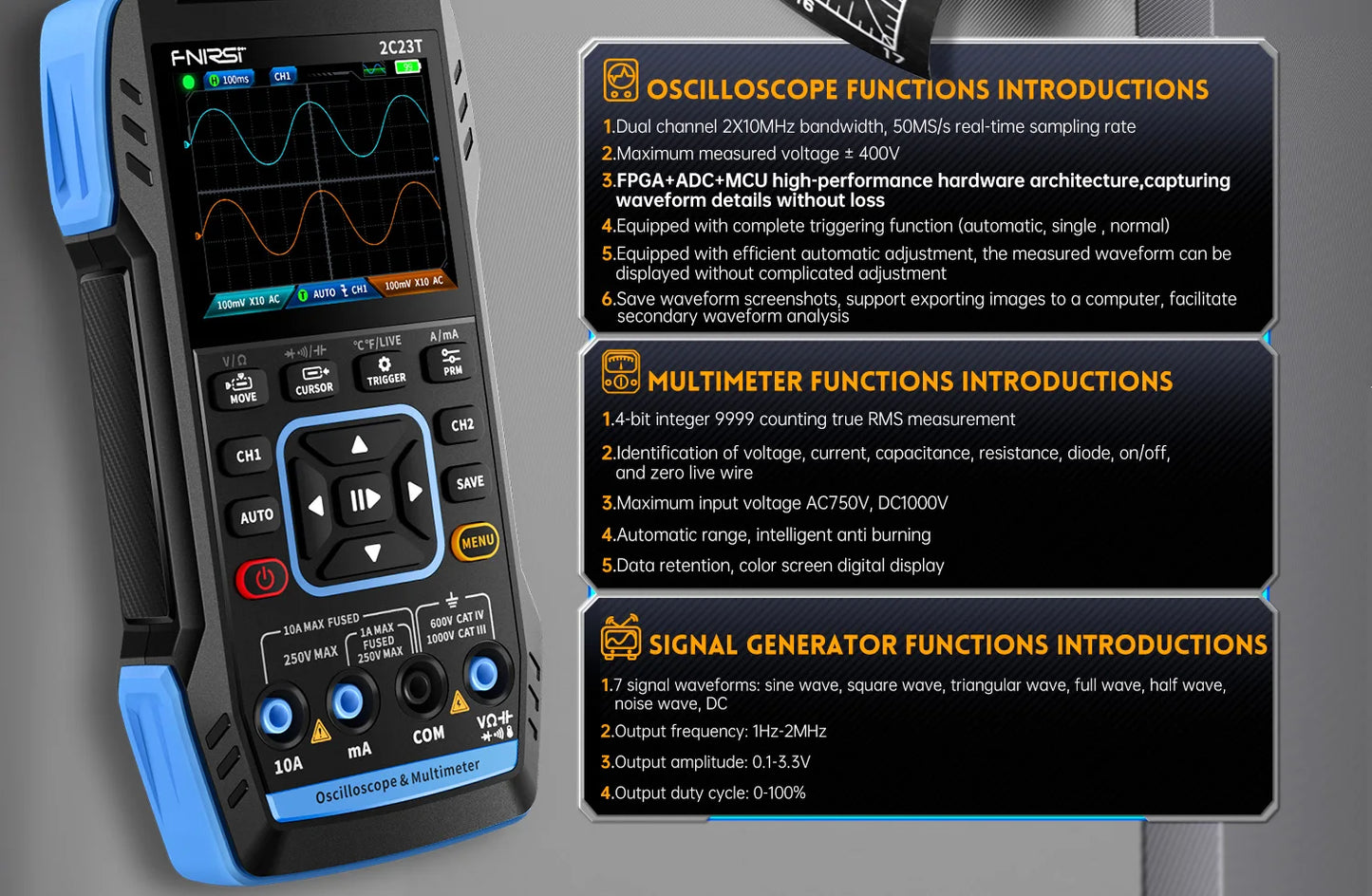 FNIRSI 2C23T Handheld Digital Oscilloscope Multimeter + Function Signal Generator 2023 Latest 3IN1 Dual Channel 10MHZ*2 50MS/s