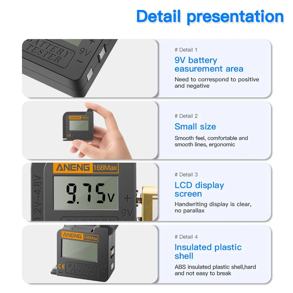 For 9V AAA 168 Max Battery Checker Button Cell Tester Digital Lithium Battery Capacity Tester Universal Analyzer Display Check