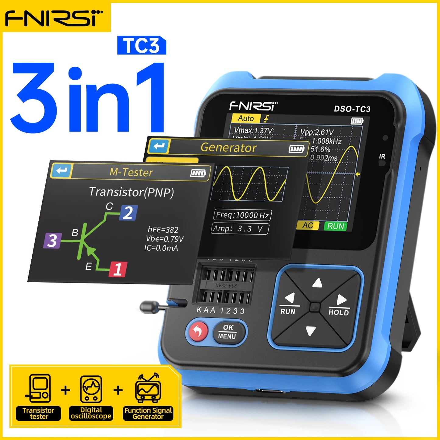 FNIRSI DSO-TC3 Portable Digital Oscilloscope Transistor Tester 3 in 1 Multi-function Multimeter Diode Voltage LCR Detect PWM Out
