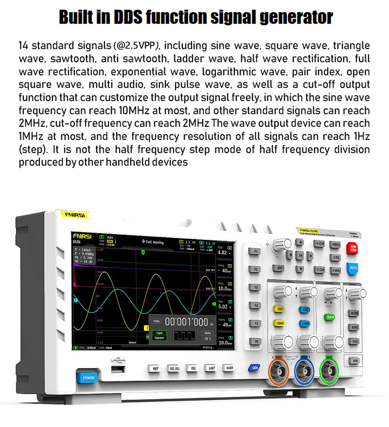 FNIRSI-1014D Dual Channel Desktop Digital Oscilloscope 100MHz* 2 Analog Bandwidth 1GSa/s Sampling Rate 10Mhz Signal Generator
