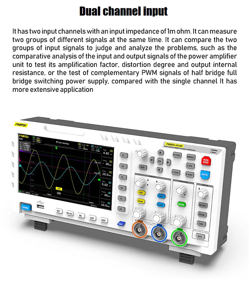 FNIRSI-1014D Dual Channel Desktop Digital Oscilloscope 100MHz* 2 Analog Bandwidth 1GSa/s Sampling Rate 10Mhz Signal Generator
