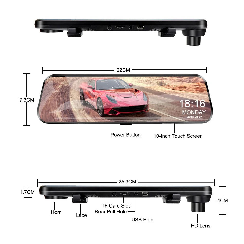 E-ACE 10 Inch Car DVR Mirror Video Recorder 1080P Touch Screen Dashcam For Car Dual Lens Streaming Driving Recorder Dash Camera