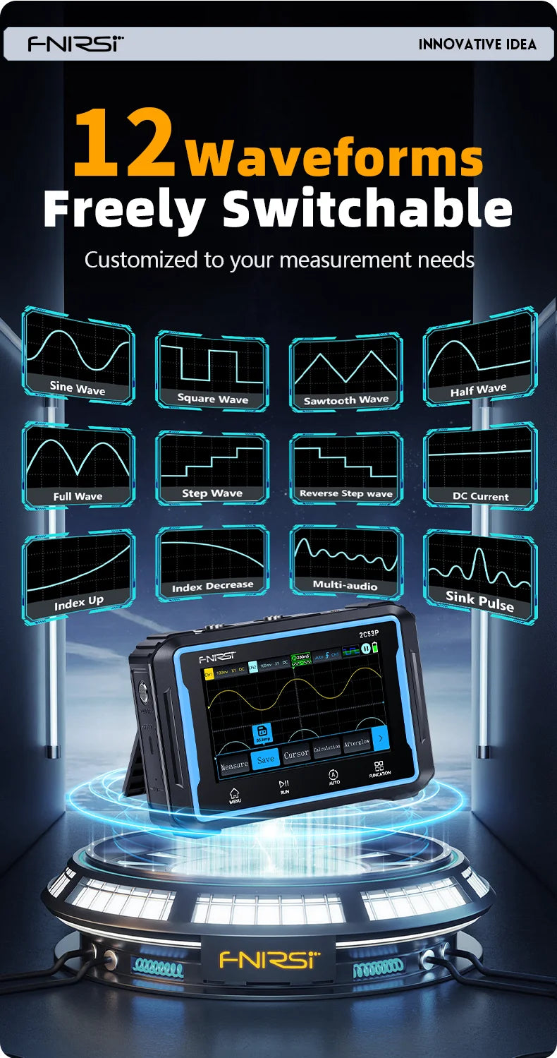 FNIRSI 2C53P Touch Screen Portable Digital Oscilloscope Multimeter Signal Generator 3in1 2 Channel 50MHz 250Ms/S 19999 Counts