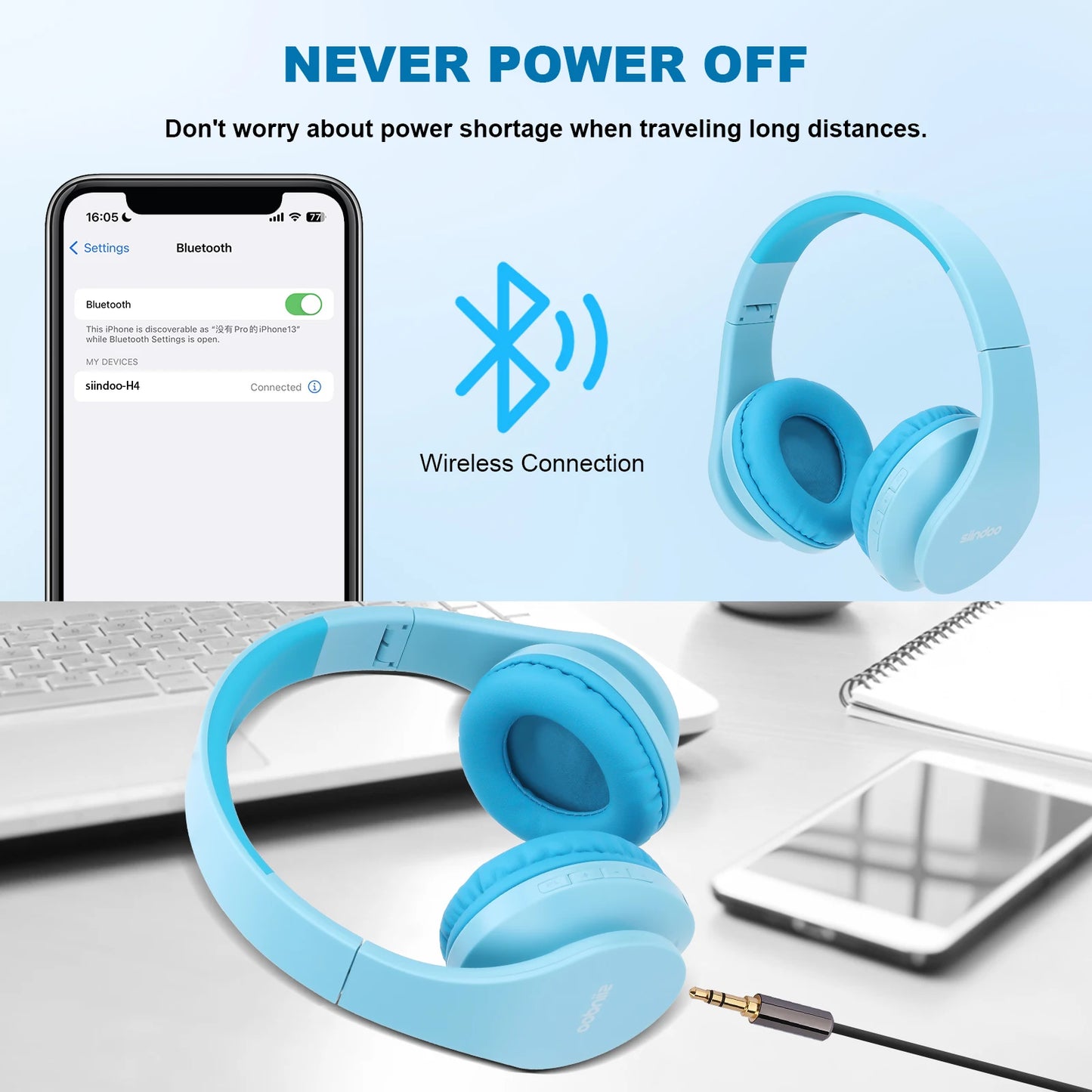 Siindoo JH-812 Wireless Headphone Foldable Stereo BT5.1 Earphones Music Headset FM and Support SD Card with Mic for Mobile PC TV