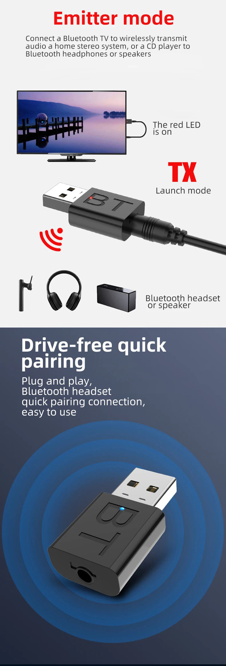 USB Bluetooth Receiver Transmitter Car Bluetooth 5.0 Audio Adapter TV Computer Wireless Bluetooth 2-in-1 Converter Plug and Play