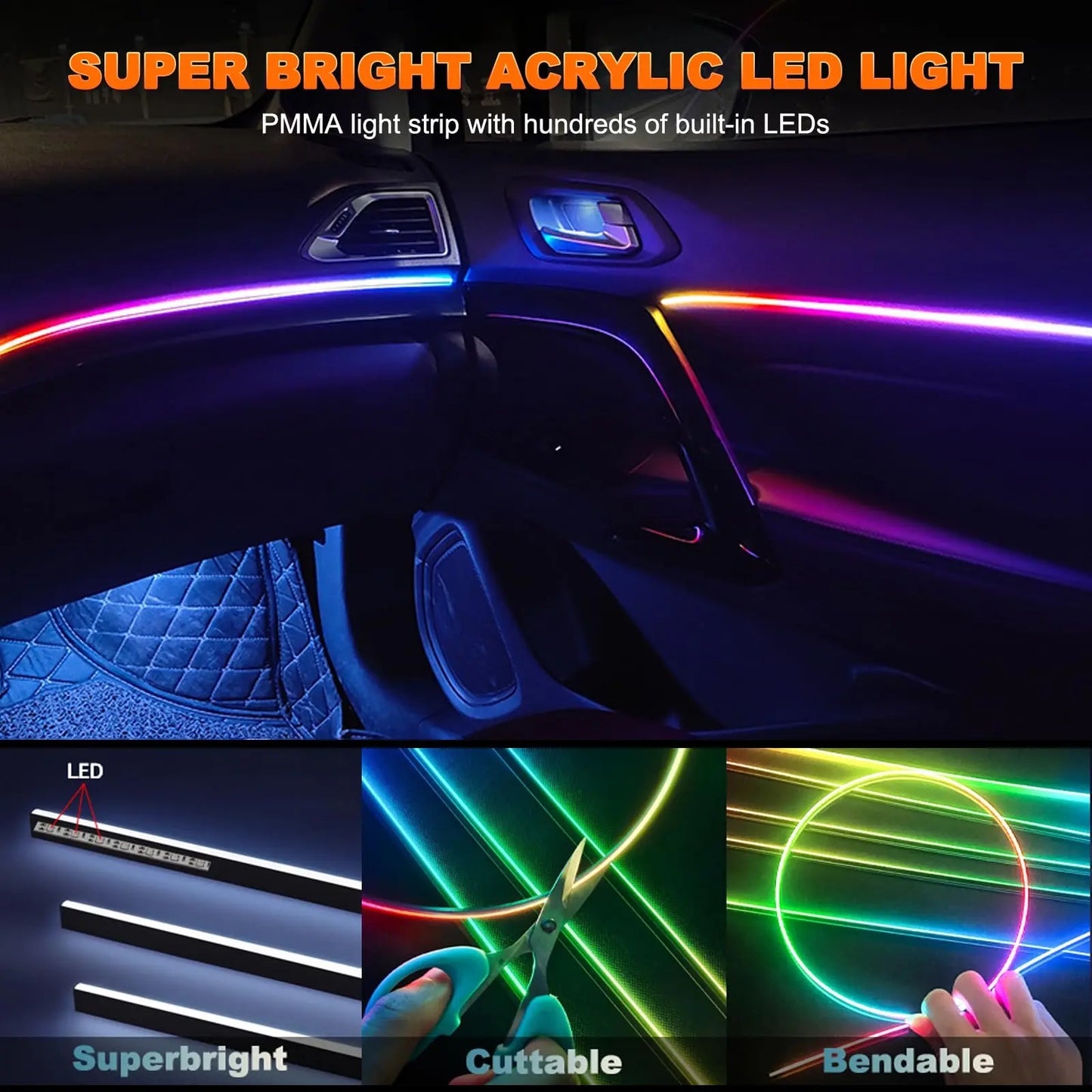 2IN1 Dynamic Neon Car Ambient Lighting Dreamcolor Acrylic LED Interior Strip Light RGB for Tesla Model 3/Y/S/X Decorative Lamp