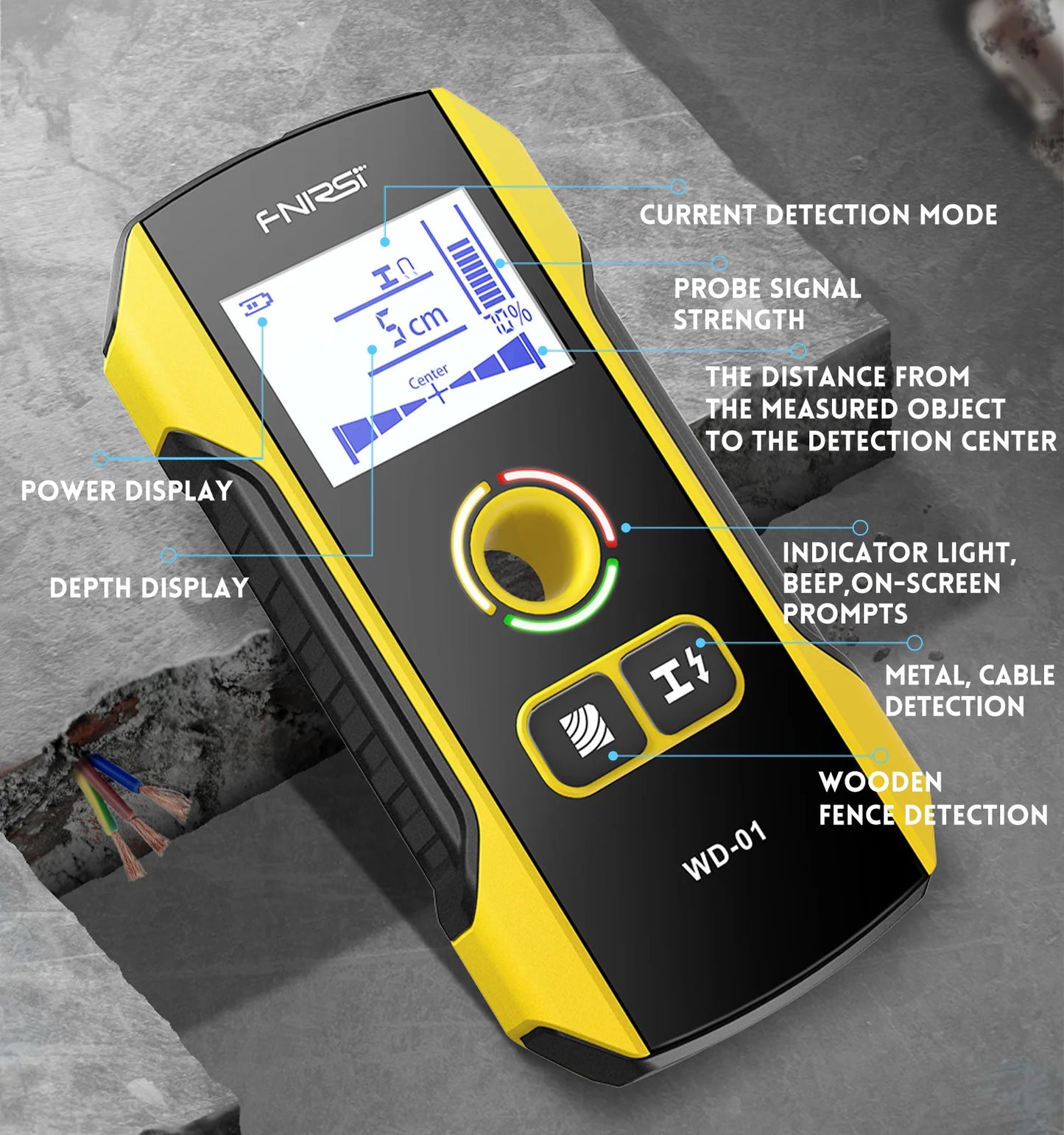 FNIRSI WD-01 Metal Detector Wall Scanner with Newly Designed Positioning Hole for AC Live Cable Wires Metal Wood Stud Find