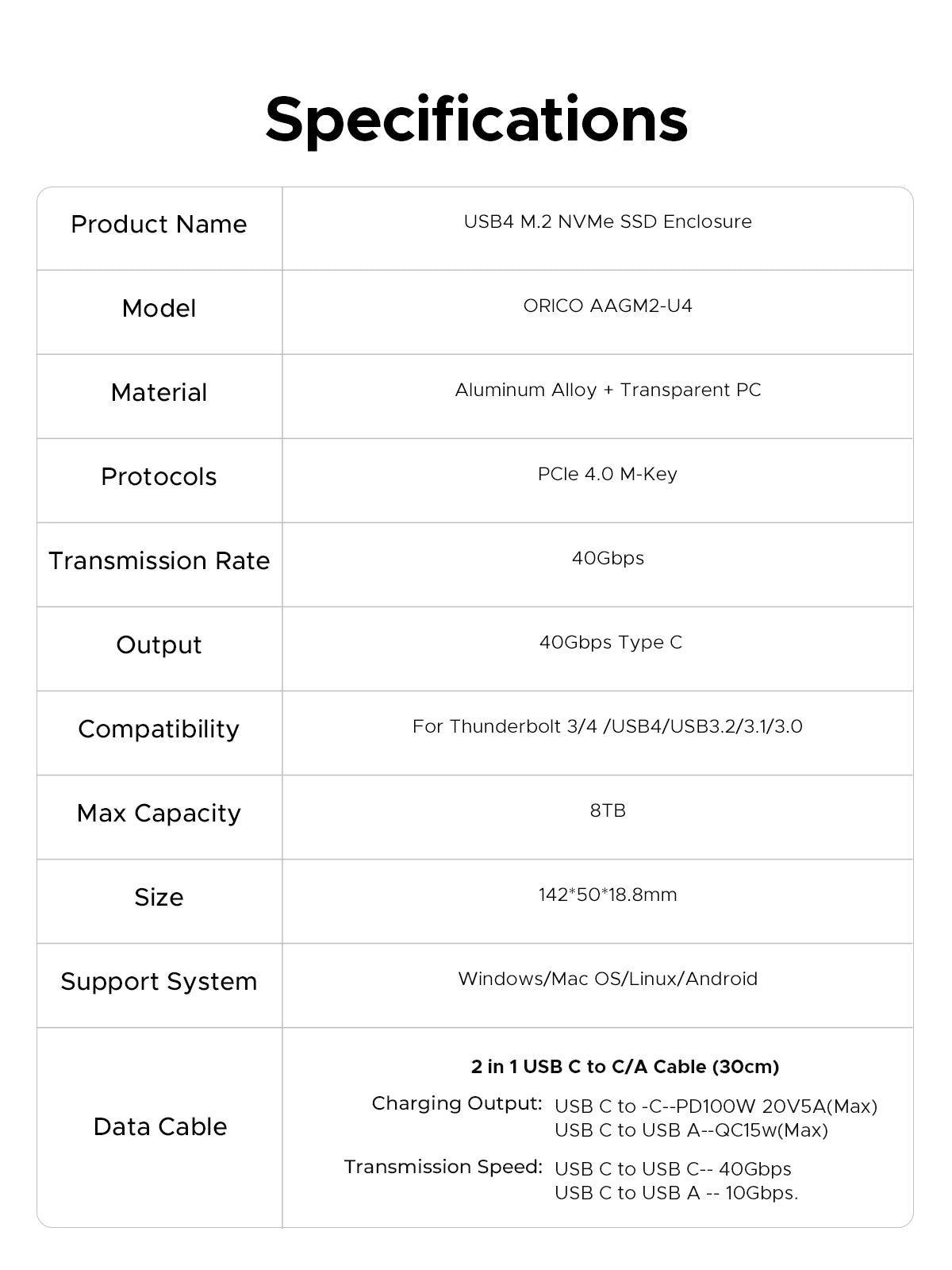 ORICO 40Gbps USB4 M.2 SSD Enclosure 8TB with with Cooling Fan PCIe4.0 NVME Enclosure Aluminum Compatible Thunderbolt 3/4 for Mac