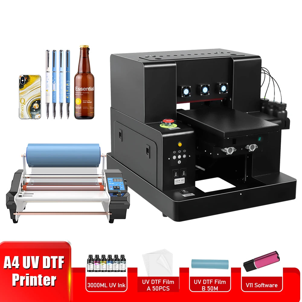 A4 UV DTF Printer UV Flatbed Printer With Varnish XP600 L805 UV Sticker Printer With Laminating machine For Metal Acrylic Print