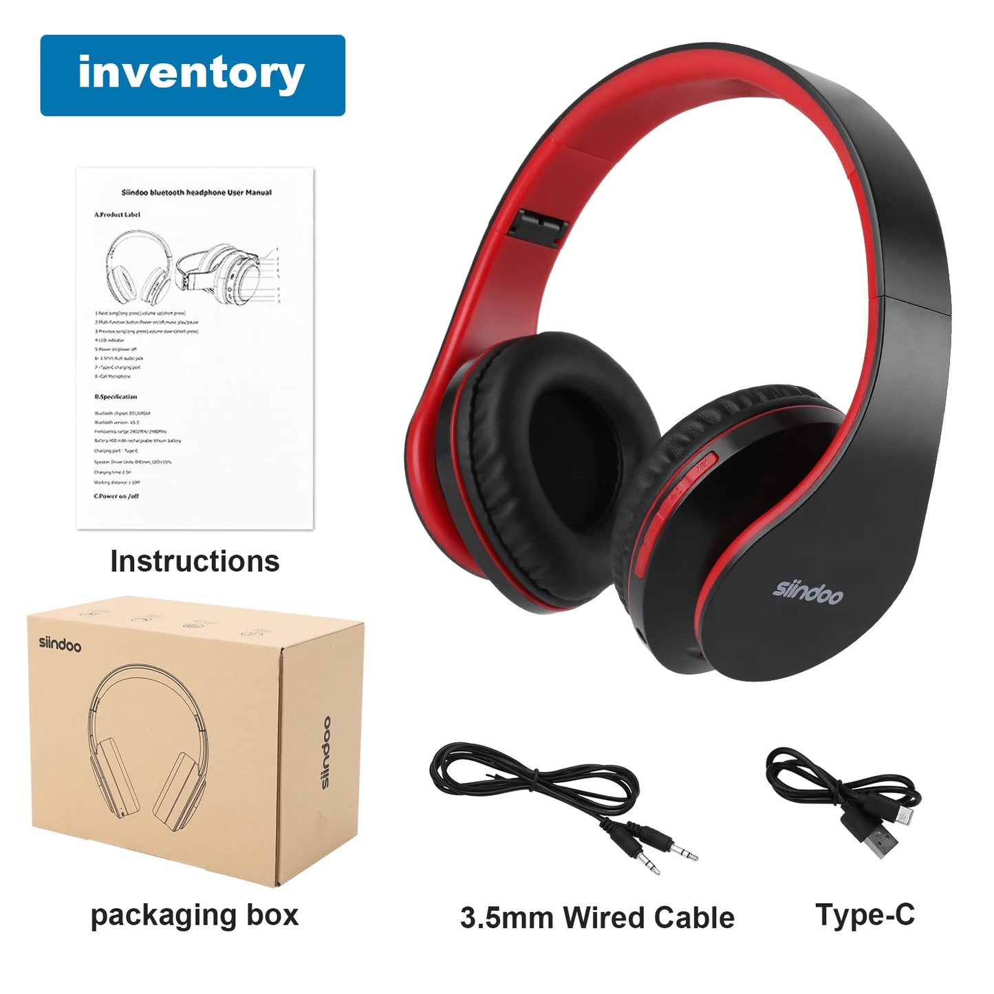 Siindoo JH-812 Wireless Headphone Foldable Stereo BT5.1 Earphones Music Headset FM and Support SD Card with Mic for Mobile PC TV