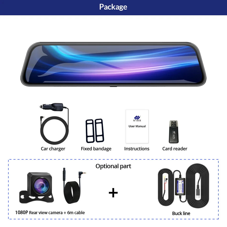 E-ACE 10 Inch Car DVR Mirror Video Recorder 1080P Touch Screen Dashcam For Car Dual Lens Streaming Driving Recorder Dash Camera