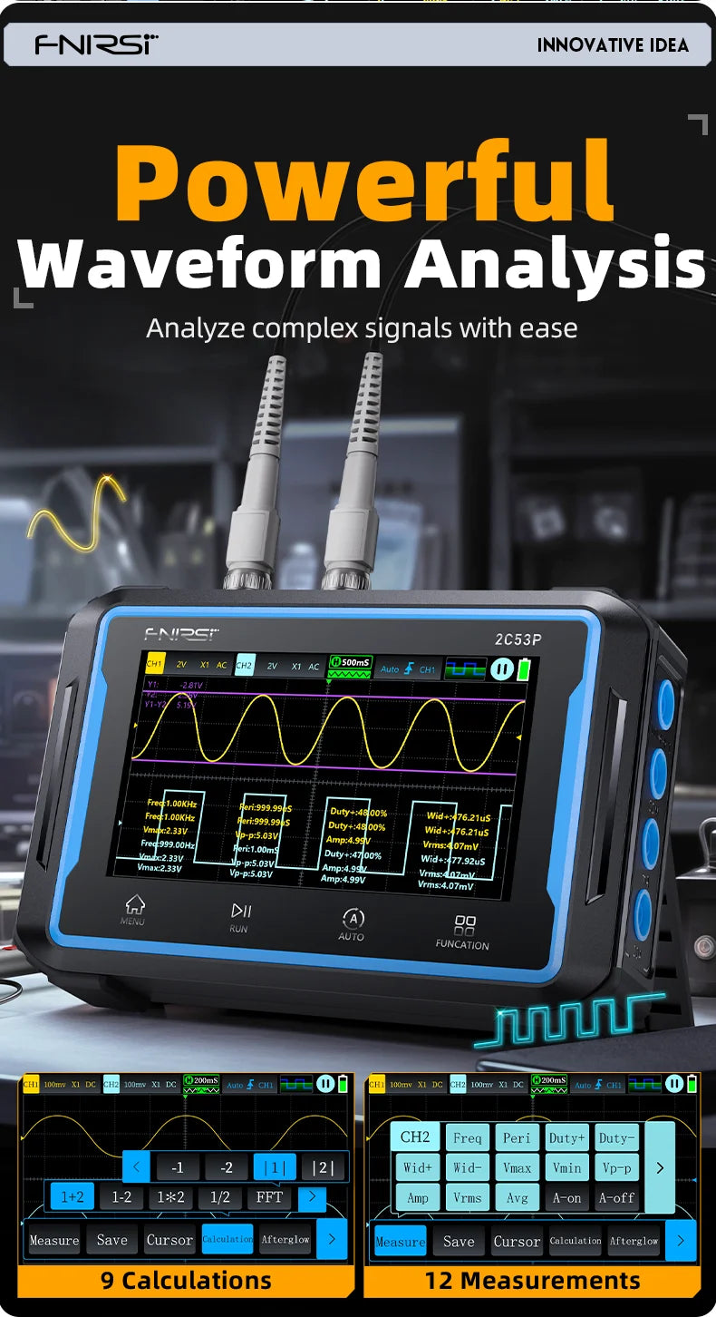 FNIRSI 2C53P Touch Screen Portable Digital Oscilloscope Multimeter Signal Generator 3in1 2 Channel 50MHz 250Ms/S 19999 Counts