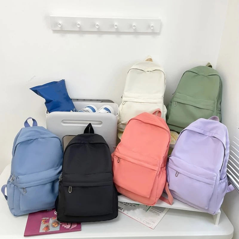 Simple Solid Color Backpack Women 2024 Waterproof Nylon School Bags Fo