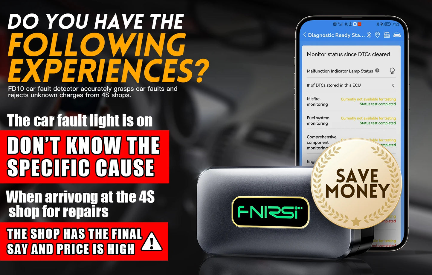 FNIRSI FD10 BluetoothV5.1 Check Engine Light Car Repair Car OBDII Scanner Code Reader Clear Error OBD Diagnostic Tool IOSAndroid