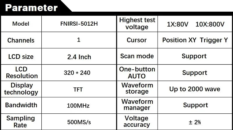 FNIRSI 5012H Handheld Digital Oscilloscope 500MS/s Sampling Rate 10MHz Analog Bandwidth 2.4 Inches Support Waveform Storage