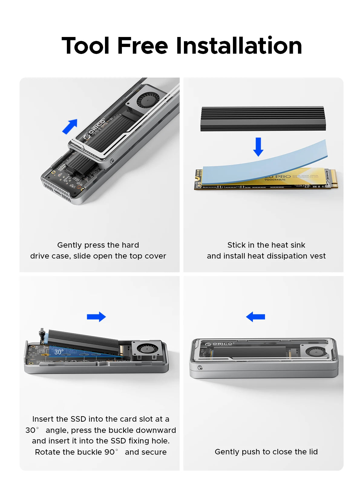 ORICO 40Gbps USB4 M.2 SSD Enclosure 8TB with with Cooling Fan PCIe4.0 NVME Enclosure Aluminum Compatible Thunderbolt 3/4 for Mac