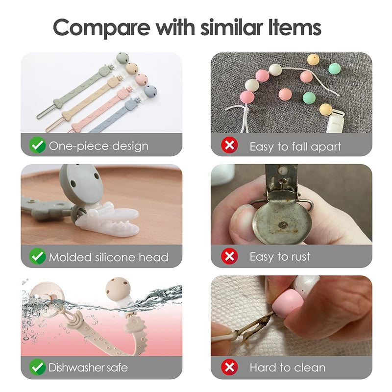 One-Piece Silicone Pacifier Clip Holder, Soft Flexible Pacifier Clips Binky Clips for Baby Boys and Girls, Baby Accessories