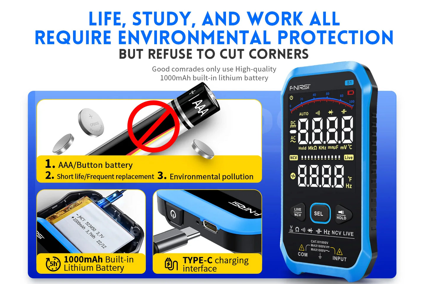 S1 Digital Voltage and Current Tester 9999 Counts True RMS AC DC Auto Range Resistance Capacitance Diode NCV Hz Live Wire