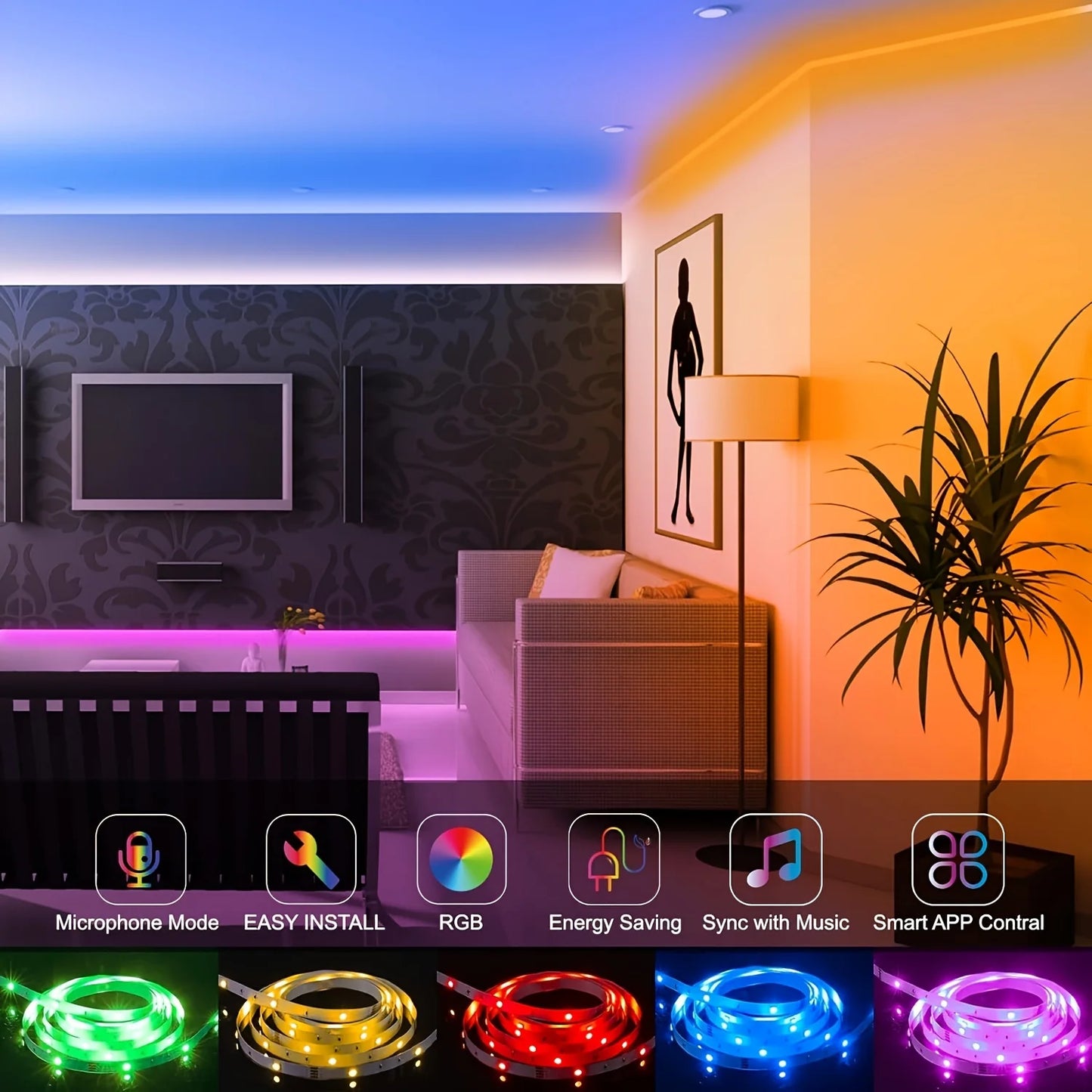 RGB 2835 LED Strip Light Bluetooth App Smart Control Flexible Diode Tape Ribbon TV Desktop Backlight Music Sync Decor For Home