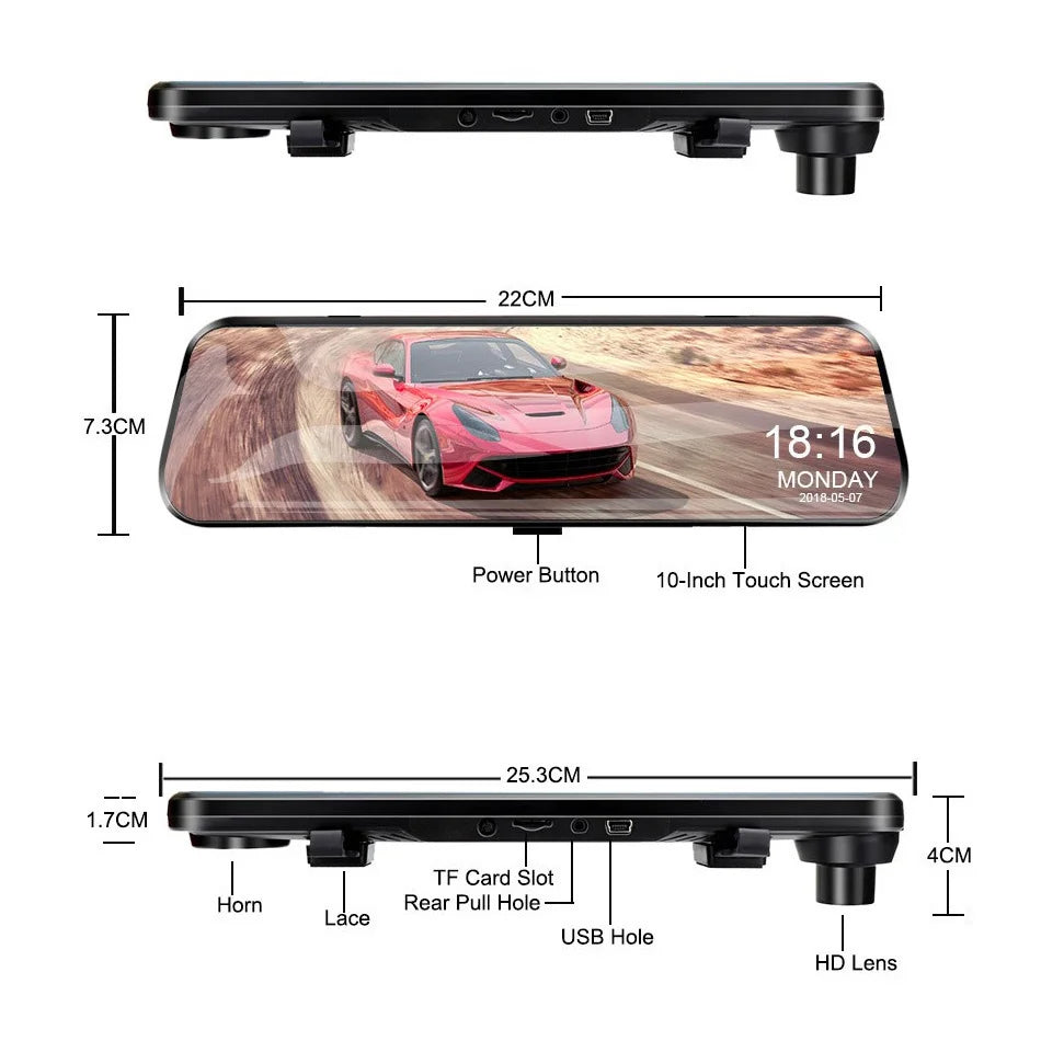 E-ACE 10 Inch Car DVR Mirror Video Recorder 1080P Touch Screen Dashcam For Car Dual Lens Streaming Driving Recorder Dash Camera