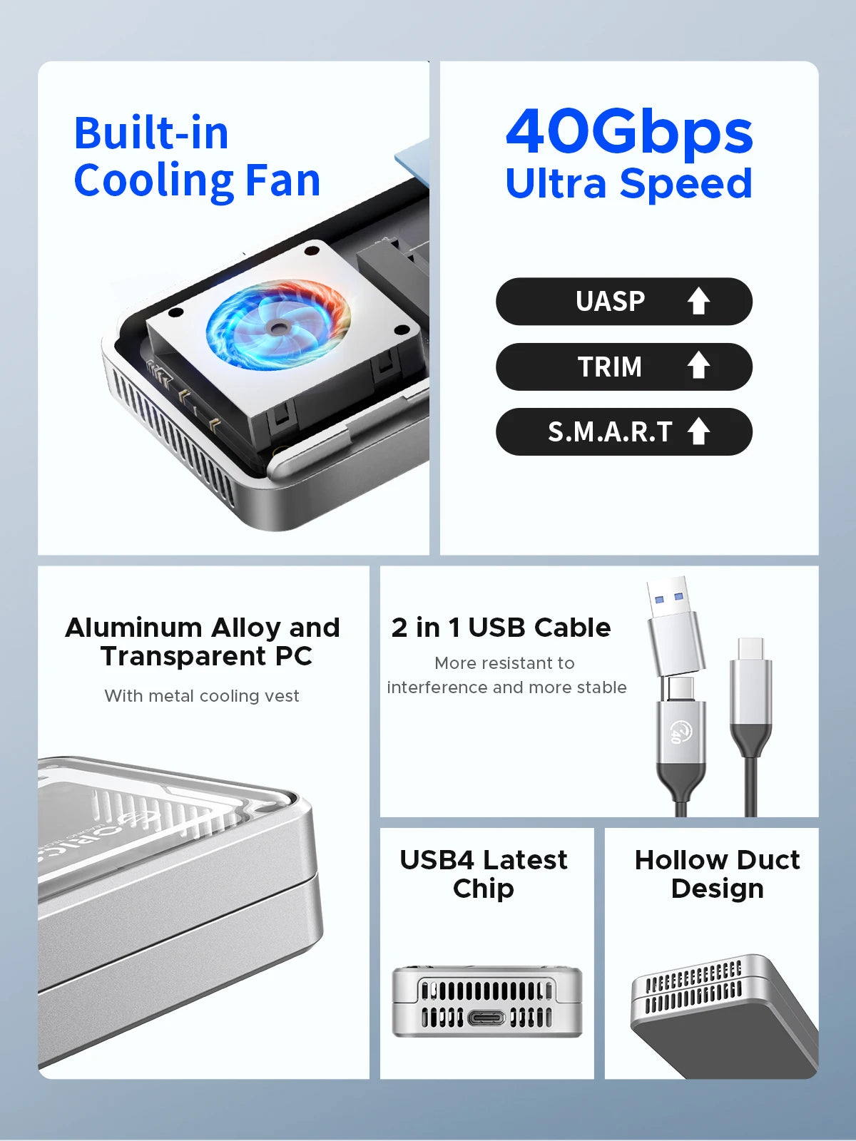 ORICO 40Gbps USB4 M.2 SSD Enclosure 8TB with with Cooling Fan PCIe4.0 NVME Enclosure Aluminum Compatible Thunderbolt 3/4 for Mac