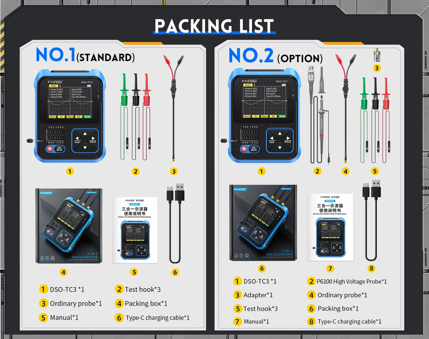 FNIRSI DSO-TC3 Portable Digital Oscilloscope Transistor Tester 3 in 1 Multi-function Multimeter Diode Voltage LCR Detect PWM Out
