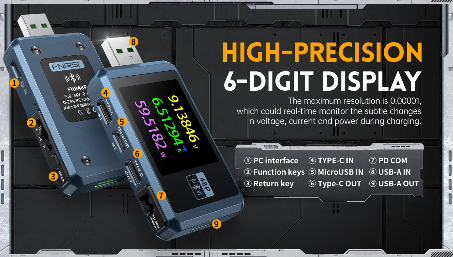 FNIRSI-FNB48P Ammeter Voltmeter USB Tester TYPE-C Fast Charge Detection Trigger Capacity Ripple Measurement with CNC Metal Shell
