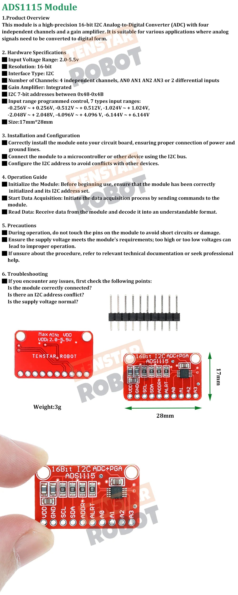 TENSTAR 2pcs ADS1115 Module Red Board 16 Bit I2C ADC 4 Channel with Pro Gain Amplifier