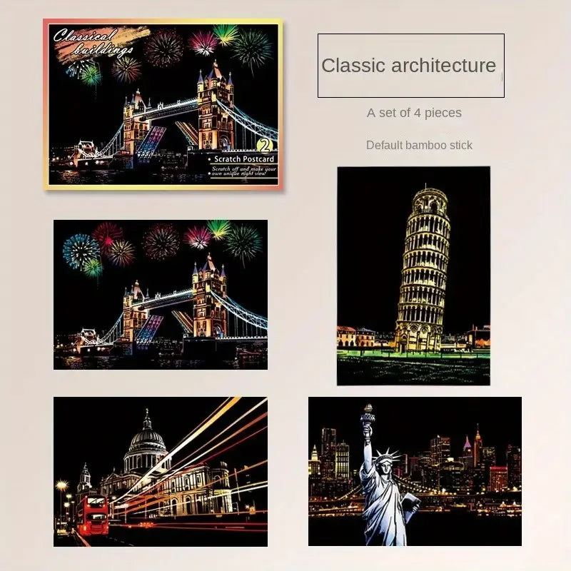 Night Scene Scratch Art Urban Landscape Architecture Clip Art 4PCS Postcard Style Colorful Scratch Art Cool And Colorful Scratch