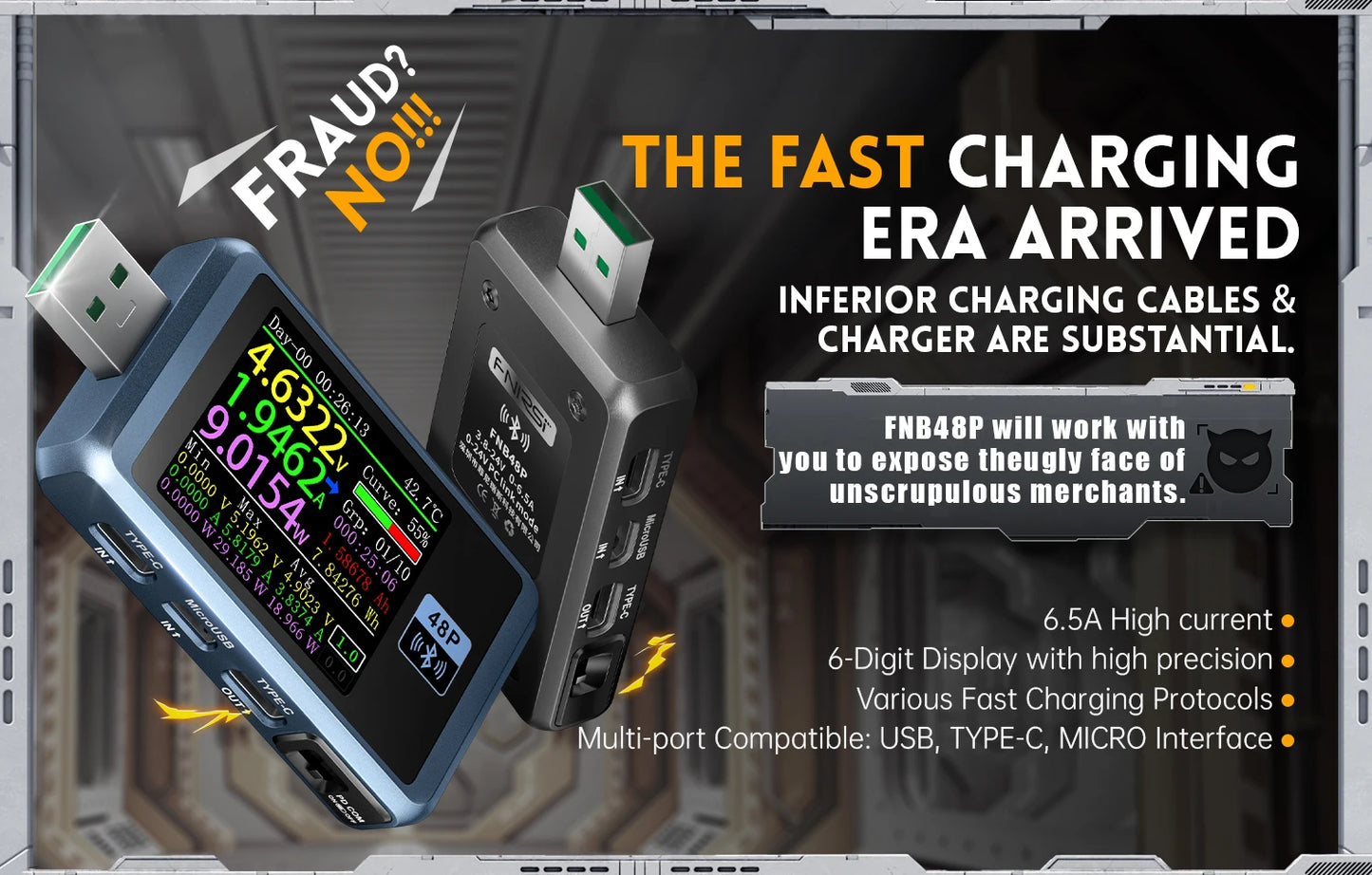 FNIRSI-FNB48P Ammeter Voltmeter USB Tester TYPE-C Fast Charge Detection Trigger Capacity Ripple Measurement with CNC Metal Shell