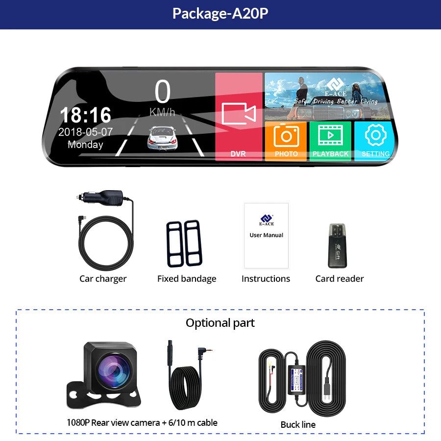 E-ACE 10 Inch Car DVR Mirror Video Recorder 1080P Touch Screen Dashcam For Car Dual Lens Streaming Driving Recorder Dash Camera