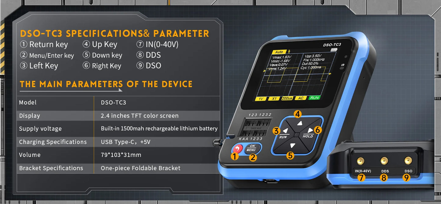 FNIRSI DSO-TC3 Portable Digital Oscilloscope Transistor Tester 3 in 1 Multi-function Multimeter Diode Voltage LCR Detect PWM Out