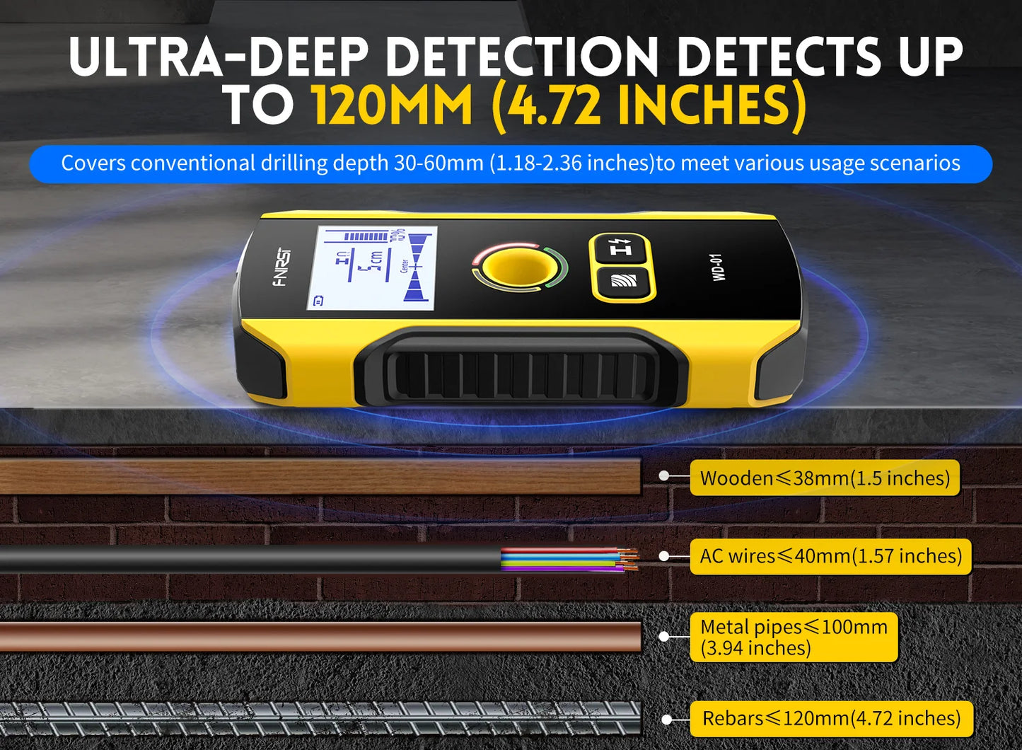 FNIRSI WD-01 Metal Detector Wall Scanner with Newly Designed Positioning Hole for AC Live Cable Wires Metal Wood Stud Find