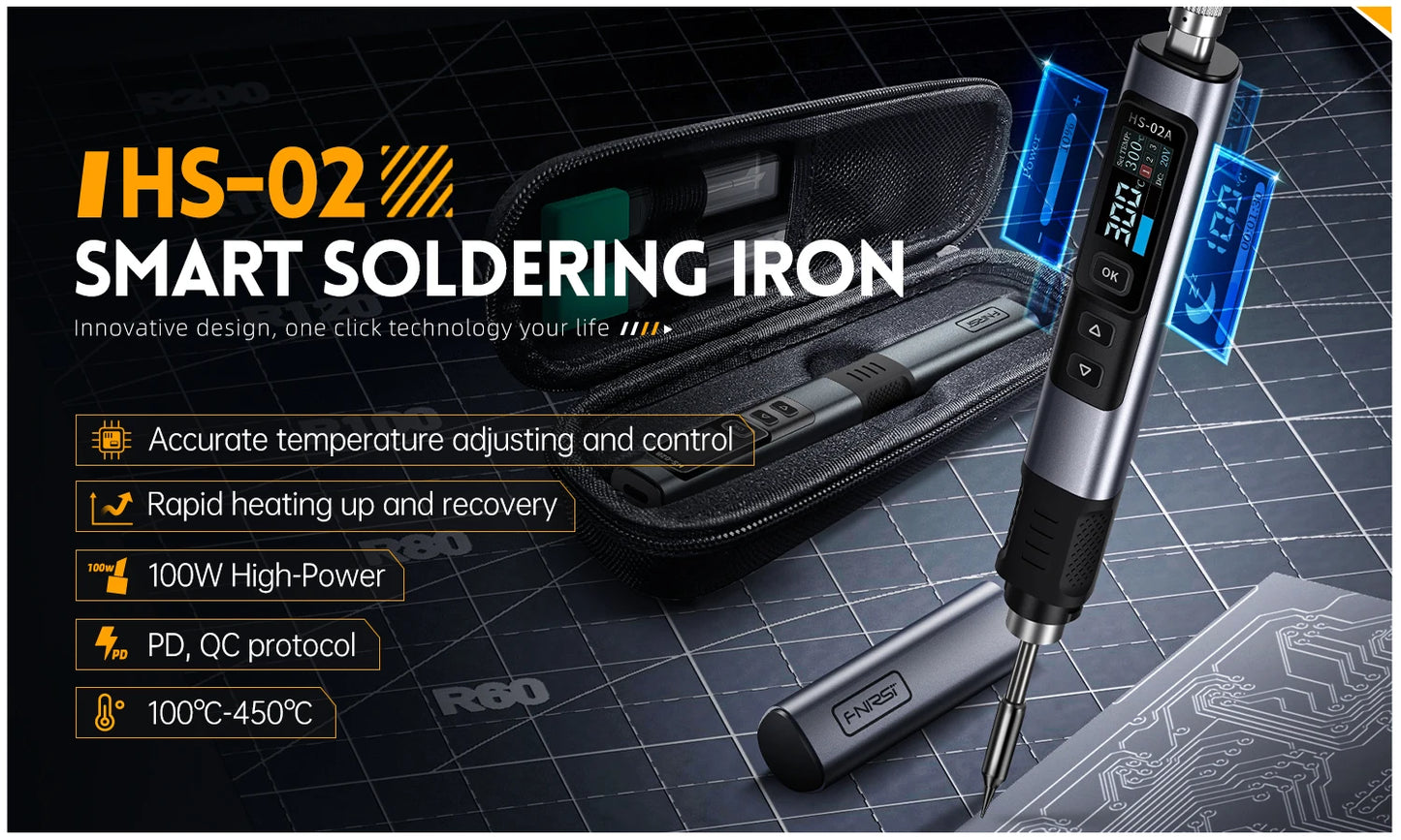 FNIRSI HS-02 Adjustable Temperature Soldering Iron DC 24V 100-450℃ Welding Solder Rework Station PD 100W Portable Repair Tool