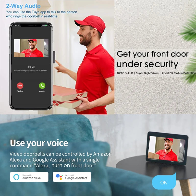 V30 Tuya Smart Video Doorbell Wireless WiFi 1080P Video Intercom Door Bell Two-Way Audio Works With Alexa Echo Show Google Home