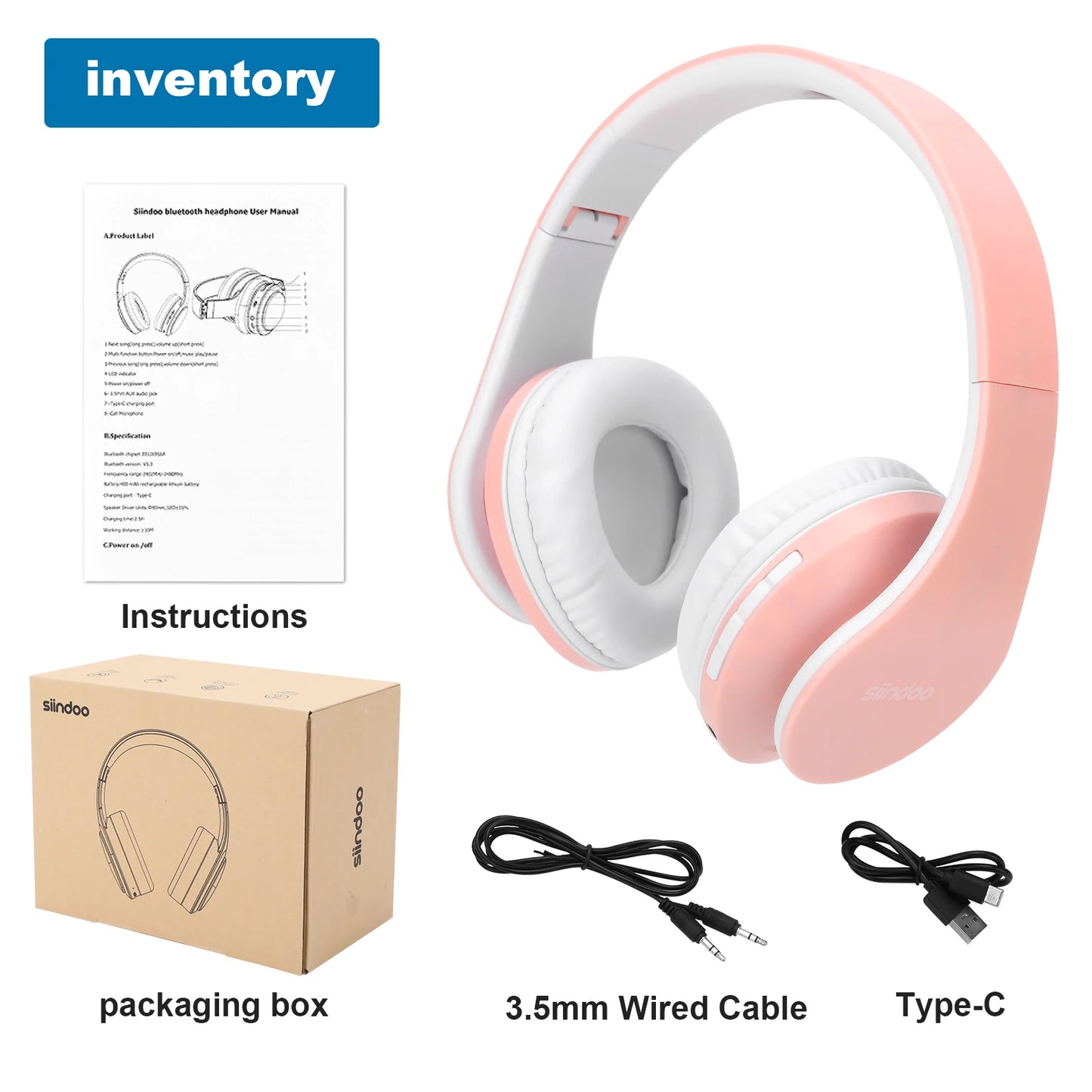 Siindoo JH-812 Wireless Headphone Foldable Stereo BT5.1 Earphones Music Headset FM and Support SD Card with Mic for Mobile PC TV