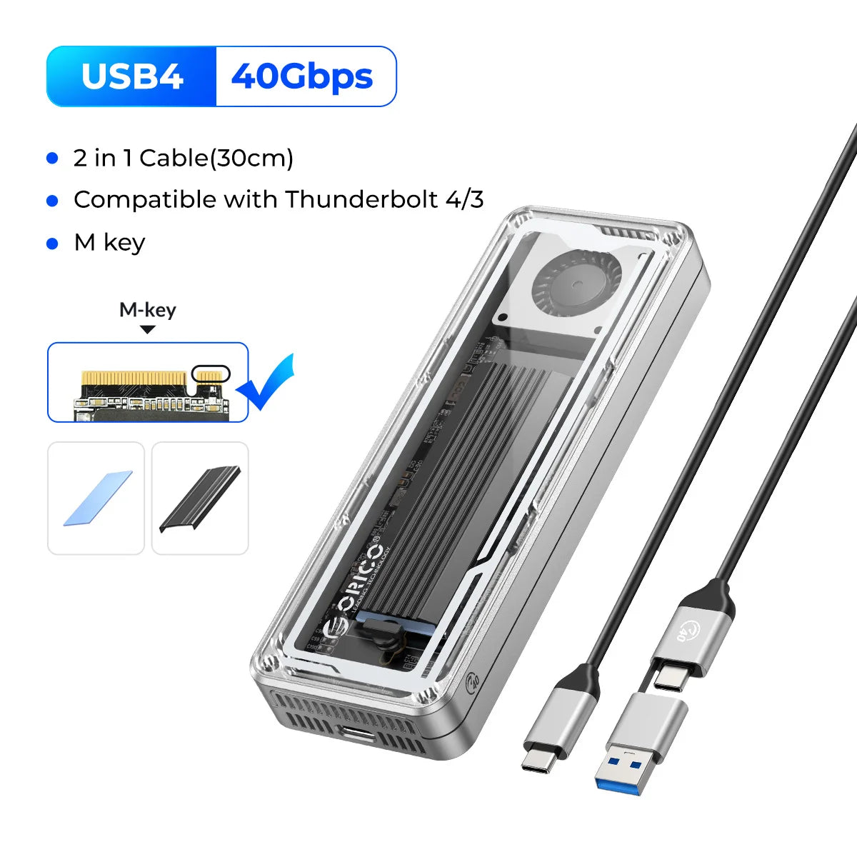 ORICO 40Gbps USB4 M.2 SSD Enclosure 8TB with with Cooling Fan PCIe4.0 NVME Enclosure Aluminum Compatible Thunderbolt 3/4 for Mac