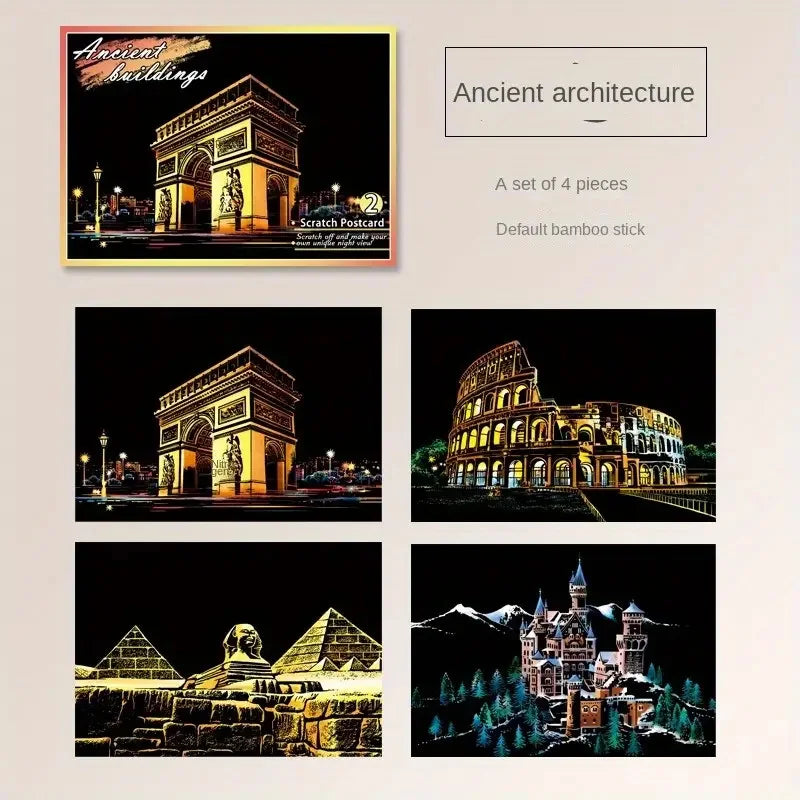 Night Scene Scratch Art Urban Landscape Architecture Clip Art 4PCS Postcard Style Colorful Scratch Art Cool And Colorful Scratch