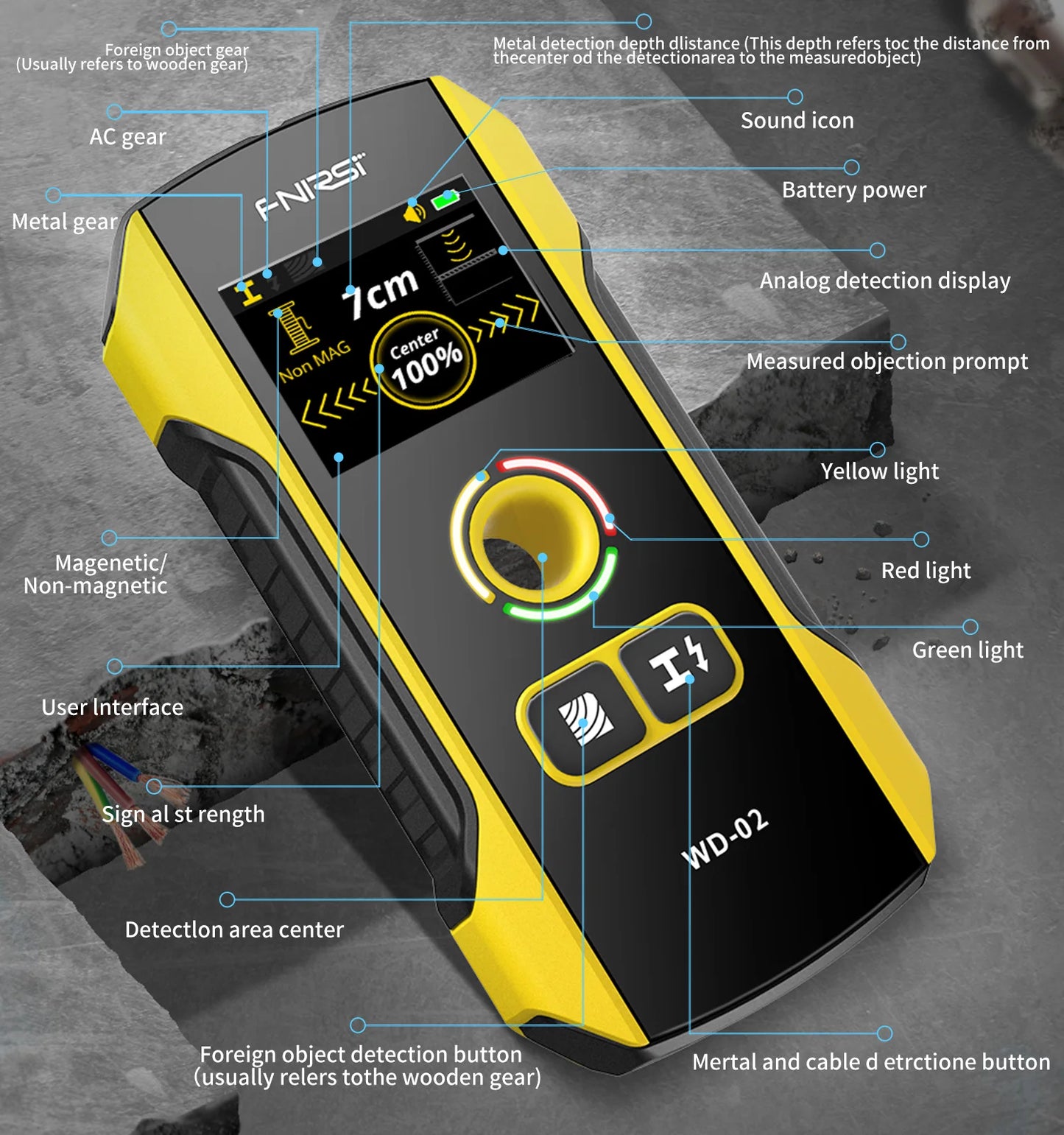 FNIRSI WD-02 Wall Detector Stud Finder New Design Positioning Hole TFT Display AC Live Cable Wires Metal Wood Stud Wall Scanner