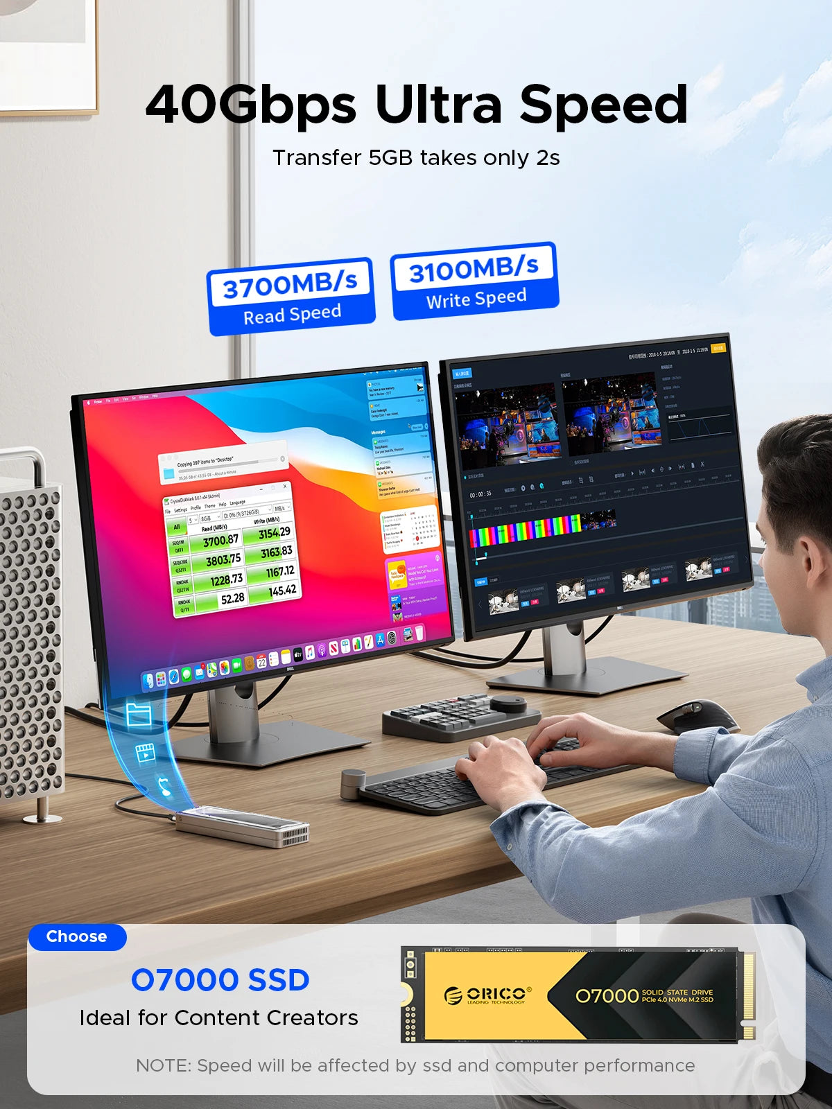 ORICO 40Gbps USB4 M.2 SSD Enclosure 8TB with with Cooling Fan PCIe4.0 NVME Enclosure Aluminum Compatible Thunderbolt 3/4 for Mac