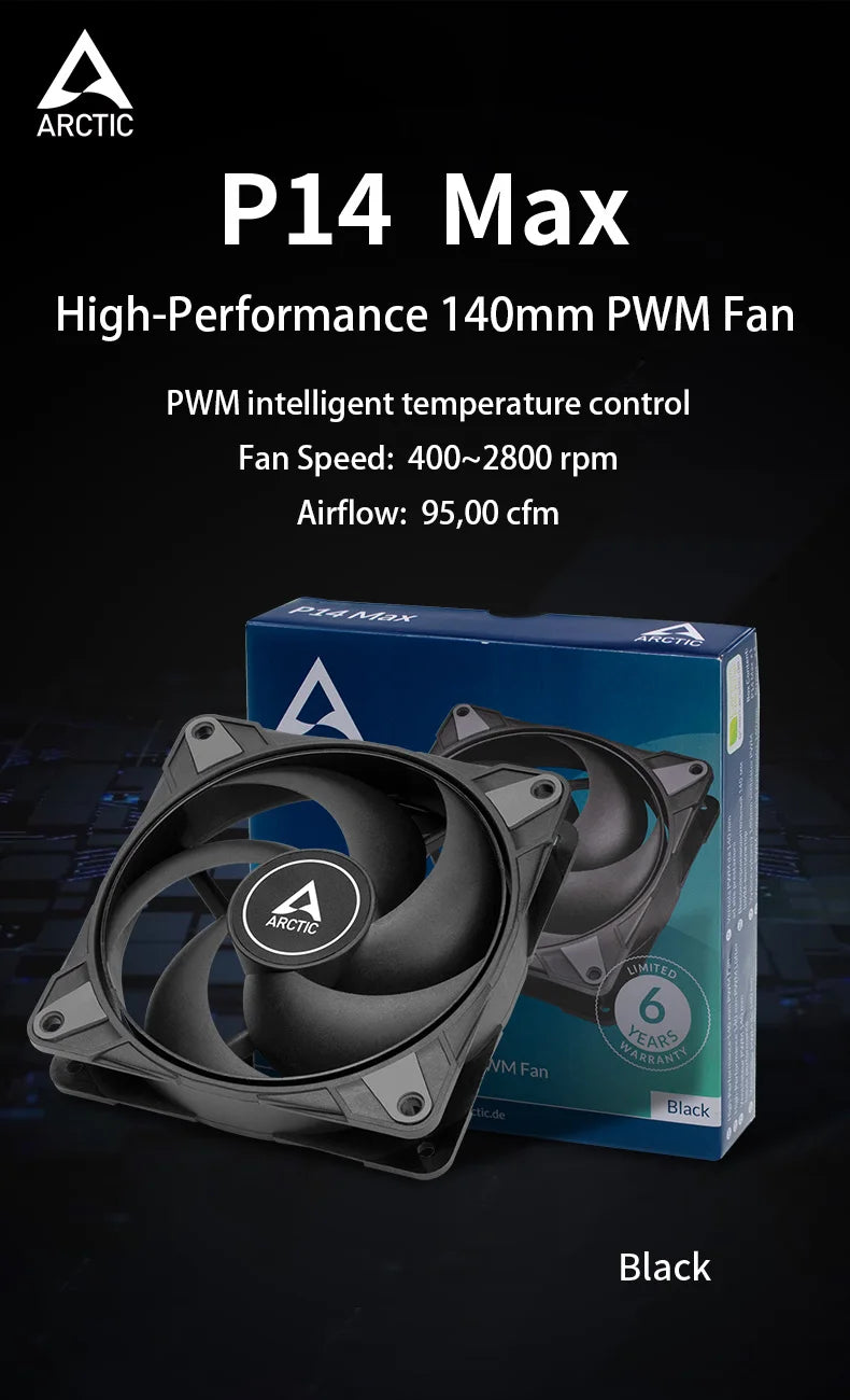 ARCTIC P14 Max Black High-Performance 140mm Case Fan, PWM Controlled 400–2800 RPM, Optimised for Static Pressure