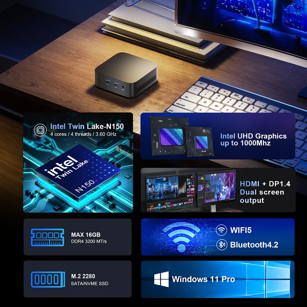 T10 Mini PC Intel Alder Lake N150 Windows 11 Ultra Small Pocket Computer 4K 60Hz Output Wifi5 BT4.2