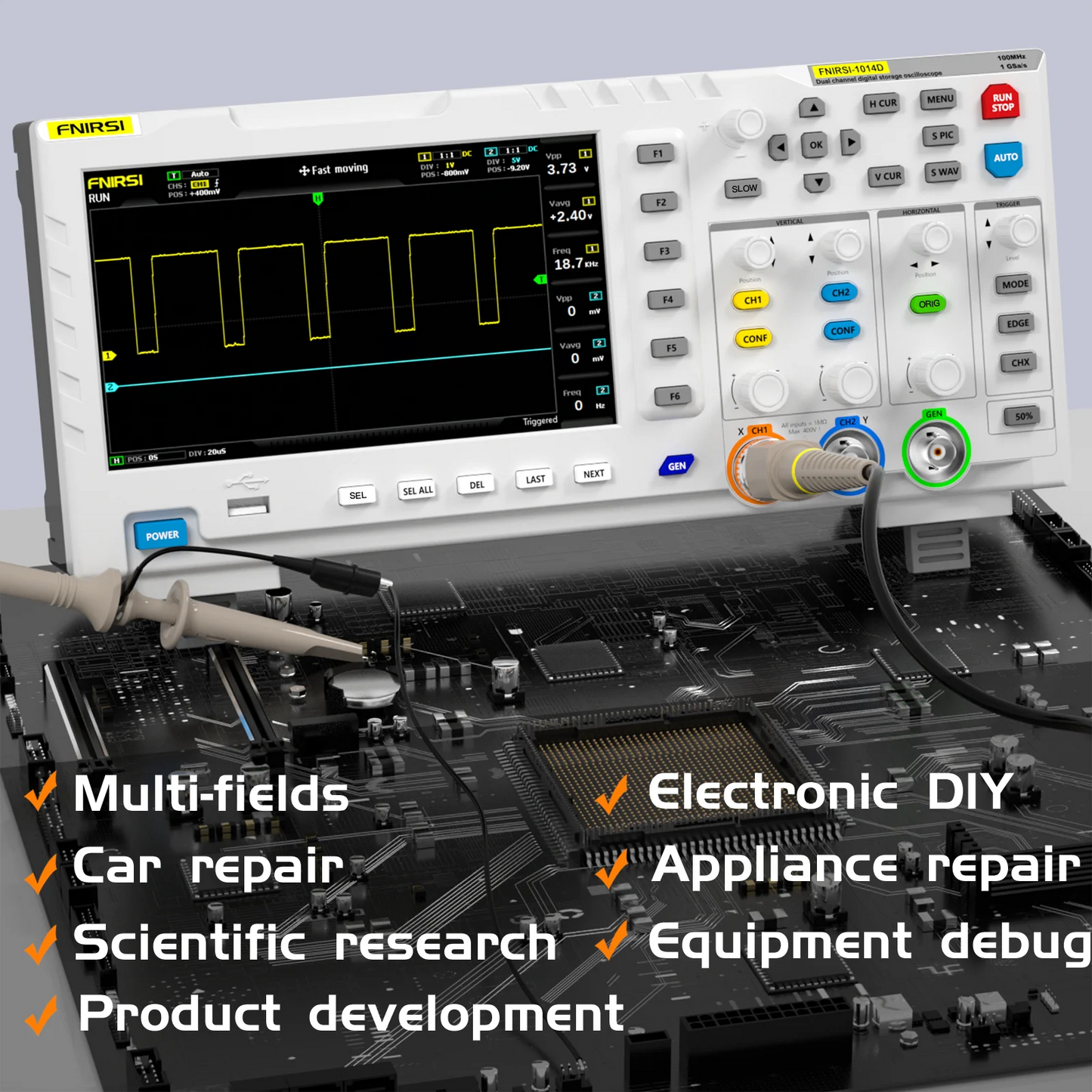 FNIRSI-1014D Dual Channel Desktop Digital Oscilloscope 100MHz* 2 Analog Bandwidth 1GSa/s Sampling Rate 10Mhz Signal Generator